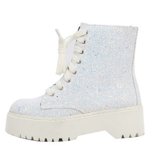 White Glitter Lace Up Lug Platform Ankle Boot